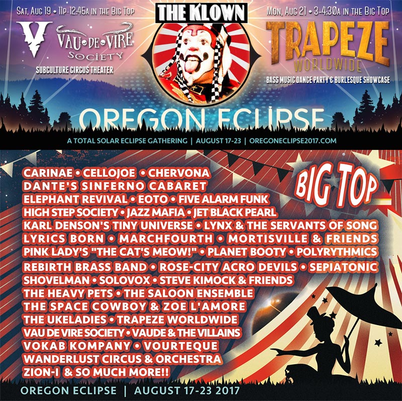 The Klown at Oregon Eclipse - with Vau de Vire Society on Saturday, August 19, and with Trapeze Worldwide on Monday, August 21